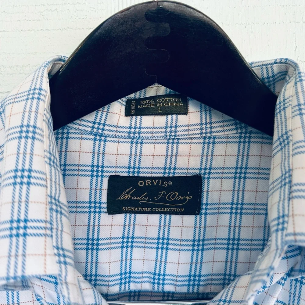 Orvis Button Down Shirt Mens Large White Blue Check Signature Collection B9-1055